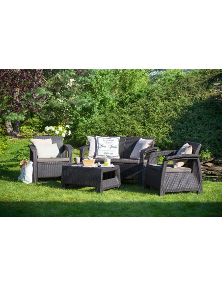 Funkcjonalny zestaw mebli ogrodowych Keter Corfu 2 fotele, sofa i stolik kawowy 3253929117169 4