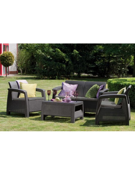 Funkcjonalny zestaw mebli ogrodowych Keter Corfu 2 fotele, sofa i stolik kawowy 3253929117169 5