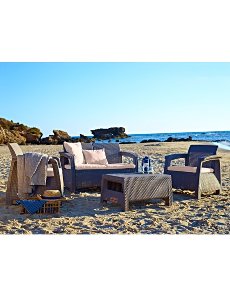 Modny zestaw mebli ogrodowych Keter Corfu 2 fotele + sofa + stolik kawowy 3253929117190 3