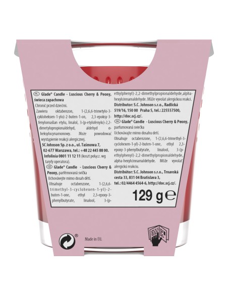 Świeca zapachowa Glade Luscious Cherry & Peony 129g - Świece zapachowe Świeca zapachowa Glade Luscious Cherry & Peony 129g 5000204070507 2