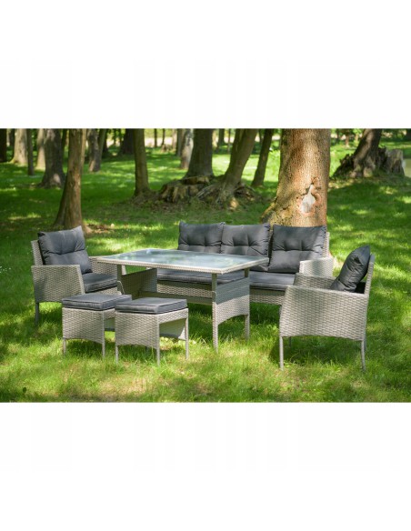 Ogrodowy zestaw mebli technorattanowych Meven 2 fotele + 2 pufy + sofa + stół 5902490785328 2