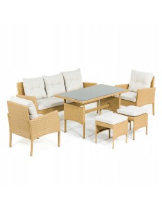 Jasny komplet mebli ogrodowych Meven 2 fotele + 2 pufy + sofa + stół 5902490785311