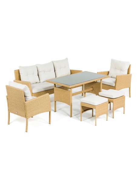 Jasny komplet mebli ogrodowych Meven 2 fotele + 2 pufy + sofa + stół 5902490785311