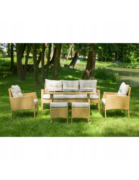 Jasny komplet mebli ogrodowych Meven 2 fotele + 2 pufy + sofa + stół 5902490785311 2