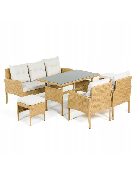 Jasny komplet mebli ogrodowych Meven 2 fotele + 2 pufy + sofa + stół 5902490785311 5