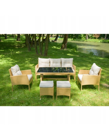 Jasny komplet mebli ogrodowych Meven 2 fotele + 2 pufy + sofa + stół 5902490785311 14