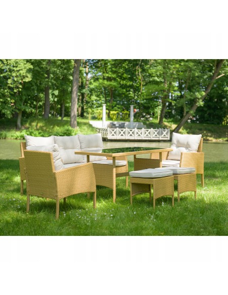 Jasny komplet mebli ogrodowych Meven 2 fotele + 2 pufy + sofa + stół 5902490785311 16