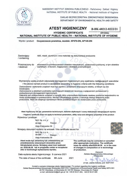 Jonizujący oczyszczacz powietrza NAC AP145-DN 5902490743861 14