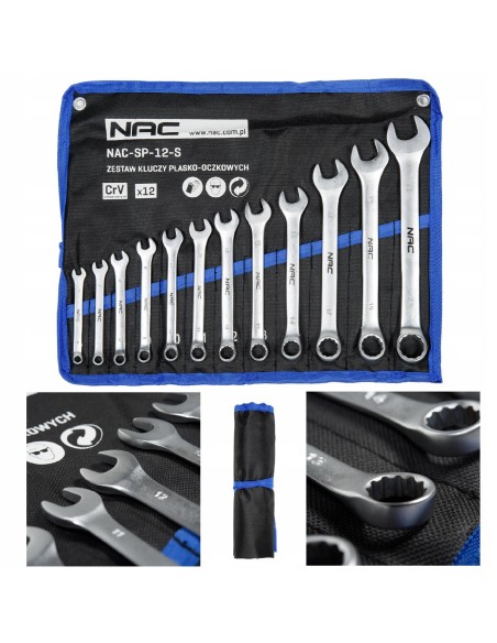 Funkcjonalny zestaw 12 kluczy płasko-oczkowych NAC SP-12-S rozmiary 6-22 mm 5902490787667