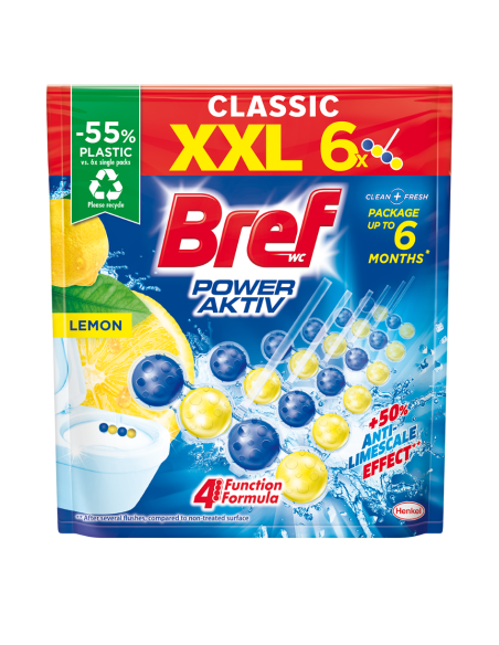 Cytrynowe zawieszki do WC z efektem odświeżacza powietrza Bref Power Aktiv Lemon 6x50g 9000101591965