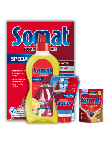 Funkcjonalny zestaw Somat: sól do zmywarki 1,5 kg + nabłyszczacz 500 ml + środek czyszczący 250 ml + GRATIS - Nabłyszczacze i...