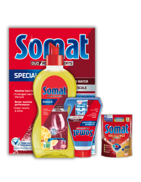 Funkcjonalny zestaw Somat: sól do zmywarki 1,5 kg + nabłyszczacz 500 ml + środek czyszczący 250 ml + GRATIS 9000101369236