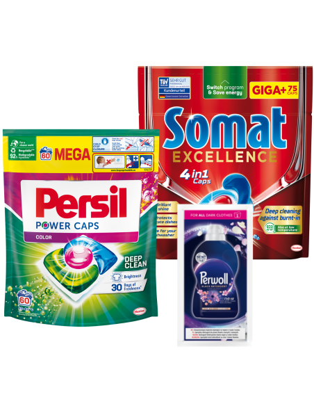 Czyszczące kapsułki do prania Persil 60 prań + neutralizujące tabletki do zmywarki Somat 75 szt.  + GRATIS 9000101804294