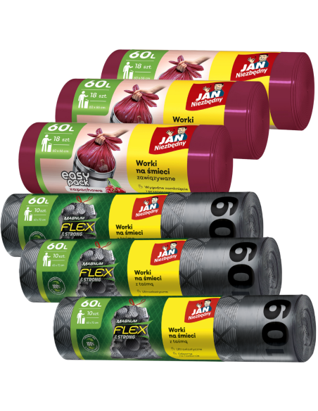 Wytrzymałe worki na śmieci Jan Niezbędny 60L 10 szt. 3x + Zapachowe worki na śmieci Jan Niezbędny 60L 18 szt. 3x 5905718981519 2