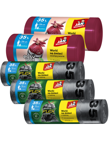 Wytrzymałe worki na śmieci Jan Niezbędny 35L 15 szt. 3x + Zapachowe worki na śmieci Jan Niezbędny 35L 26 szt. 2x 5905718981526