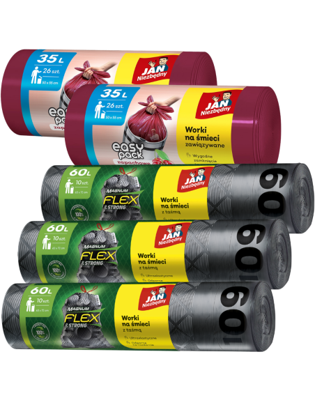 Wytrzymałe worki na śmieci Jan Niezbędny 60L 10 szt. 3x + Zapachowe worki na śmieci Jan Niezbędny 35L 26 szt. 2x 5905718981533