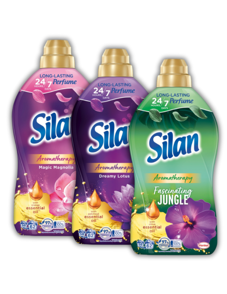 Duży zestaw płynów do płukania tkanin Silan Aromatherapy 3x1364 ml (Lotus + Magnolia + Jungle) 186 prań - Płyny do płukania Duży zestaw płynów do płukania tkanin Silan Aromatherapy 3x1364 ml (Lotus + Magnolia + Jungle) 186 prań 9000101582604