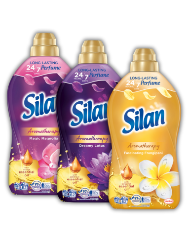 Pachnący zestaw płynów do płukania tkanin Silan Aromatherapy Lotus + Frangipani + Magnolia 3x1364 ml 186 prań - Płyny do płuk...