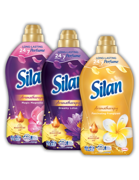 Pachnący zestaw płynów do płukania tkanin Silan Aromatherapy Lotus + Frangipani + Magnolia 3x1364 ml 186 prań - Płyny do płuk... Pachnący zestaw płynów do płukania tkanin Silan Aromatherapy Lotus + Frangipani + Magnolia 3x1364 ml 186 prań 9000101582604