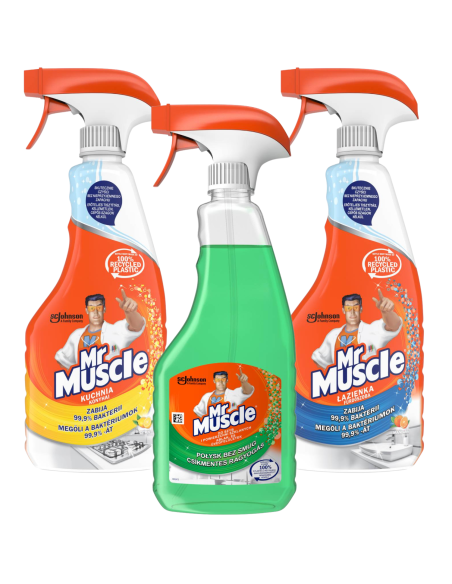 Praktyczny zestaw płynów do czyszczenia i dezynfekcji Mr Muscle kuchnia + łazienka + szyby 5000204183108