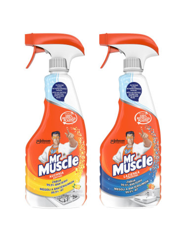 Funkcjonalny zestaw płynów do mycia Mr Muscle kuchnia 500 ml + łazienka 500 ml - Środki czystości do kuchni i łazienki