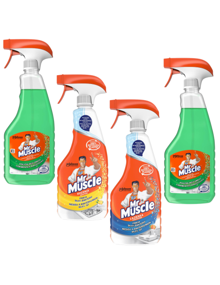 Duży zestaw płynów do czyszczenia i dezynfekcji Mr Muscle kuchnia 500ml + łazienka 500ml + 2 x szyby 500ml 5000204183108