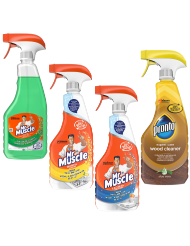 Wielofunkcyjny zestaw płynów do czyszczenia i dezynfekcji Mr Muscle kuchnia + łazienka + szyby + Pronto Wood Cleaner 5000204183108