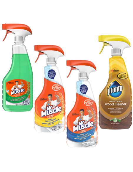 Wielofunkcyjny zestaw płynów do czyszczenia i dezynfekcji Mr Muscle kuchnia + łazienka + szyby + Pronto Wood Cleaner - Środki... Wielofunkcyjny zestaw płynów do czyszczenia i dezynfekcji Mr Muscle kuchnia + łazienka + szyby + Pronto Wood Cleaner 5000204183108