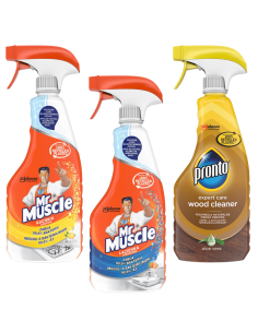 Funkcjonalny zestaw płynów do czyszczenia i dezynfekcji Mr Muscle kuchnia 500 ml + łazienka 500 ml + Pronto Wood Cleaner 500 ml 5000204183108