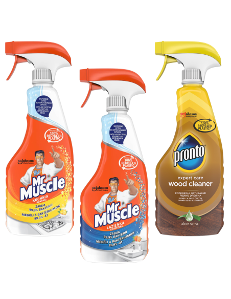 Funkcjonalny zestaw płynów do czyszczenia i dezynfekcji Mr Muscle kuchnia 500 ml + łazienka 500 ml + Pronto Wood Cleaner 500 ... Funkcjonalny zestaw płynów do czyszczenia i dezynfekcji Mr Muscle kuchnia 500 ml + łazienka 500 ml + Pronto Wood Cleaner 500 ml 5000204183108