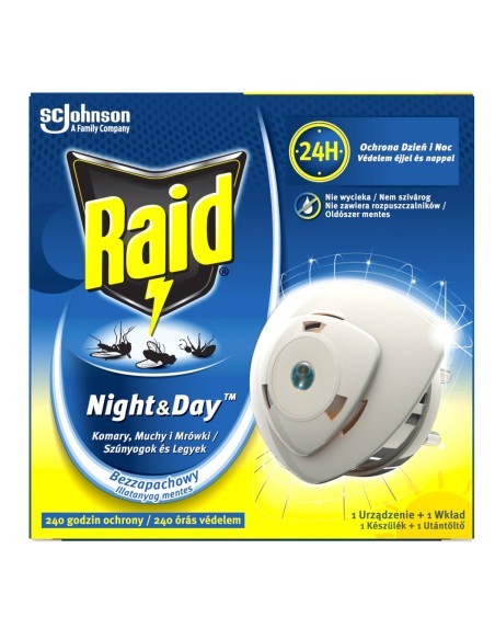 Kompaktowy elektrofumigator owadobójczy z wymiennym wkładem Raid Night & Day - Preparaty na komary i kleszcze Kompaktowy elektrofumigator owadobójczy z wymiennym wkładem Raid Night & Day 5907635901267