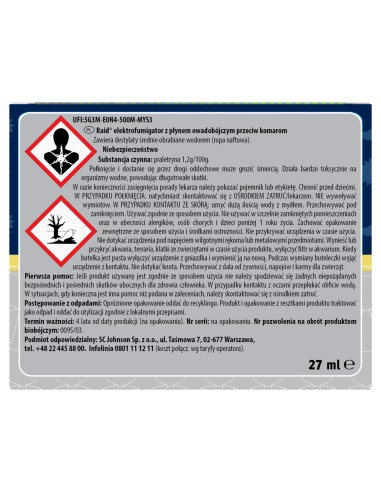 Bezzapachowy elektrofumigator z płynem owadobójczym Raid Family 27ml 5000204190021 2