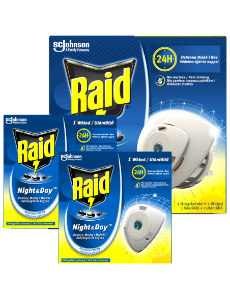 Elektrofumigator przeciw muchom, komarom i mrówkom Raid Night&Day urządzenie + 2 wkłady - Preparaty na komary i kleszcze Elektrofumigator przeciw muchom, komarom i mrówkom Raid Night&Day urządzenie + 2 wkłady 5905718981151