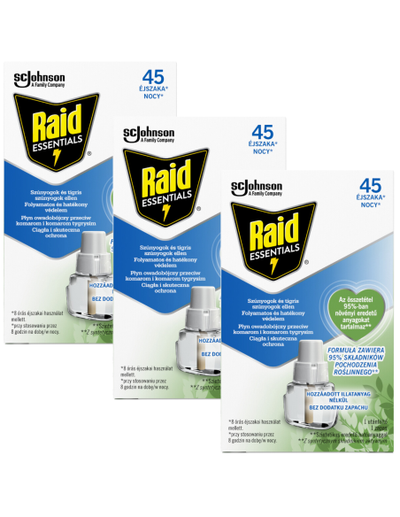 Wygodny zapas płynu do elektrofumigatora przeciw komarom Raid 3 x 45 nocy 5000204328714