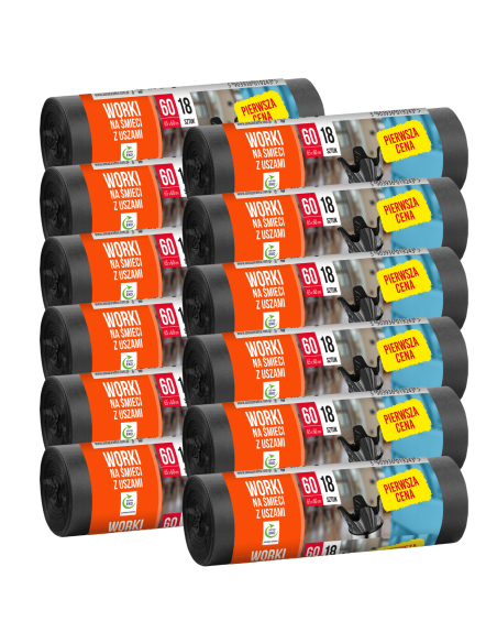 Wytrzymałe worki na śmieci z uszami Pierwsza Cena 60L 12 x 18 szt. - Worki na śmieci Wytrzymałe worki na śmieci z uszami Pierwsza Cena 60L 12 x 18 szt. 5903936019243