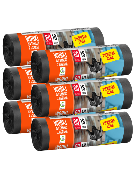 Uniwersalne worki na śmieci z uszami Pierwsza Cena 60L 6 x 18 szt. - Worki na śmieci Uniwersalne worki na śmieci z uszami Pierwsza Cena 60L 6 x 18 szt. 5903936019243