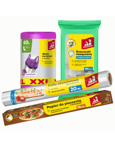 Papier do pieczenia arkusze + Ściereczki nasączane + Folia aluminiowa + Worki 60L XXL  Jan Niezbędny 5900536282442