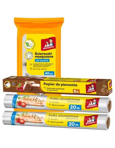 2x Folia aluminiowa 20 m + Ściereczki nasączane do kuchni + Papier do pieczenia 8 m Jan Niezbędny - Ścierki i ściereczki 2x Folia aluminiowa 20 m + Ściereczki nasączane do kuchni + Papier do pieczenia 8 m Jan Niezbędny 5900536232584