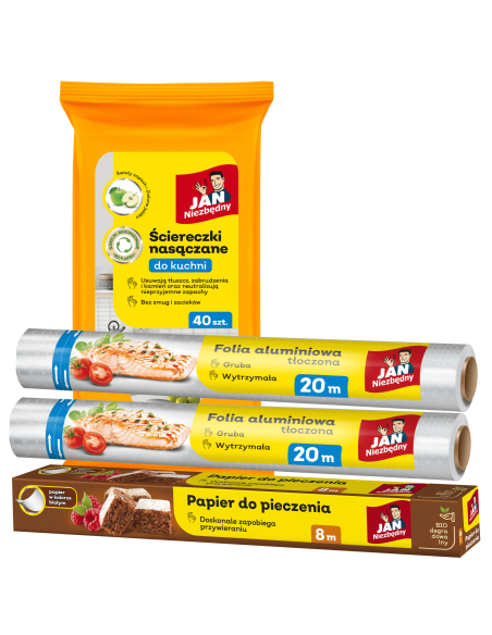 2x Folia aluminiowa 20 m + Ściereczki nasączane do kuchni + Papier do pieczenia 8 m Jan Niezbędny - Ścierki i ściereczki 2x Folia aluminiowa 20 m + Ściereczki nasączane do kuchni + Papier do pieczenia 8 m Jan Niezbędny 5900536232584 2