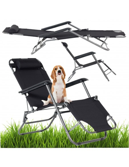 Solidny leżak ogrodowy fotel plażowy Como czarny składany zagłówek Meven 5905842513815