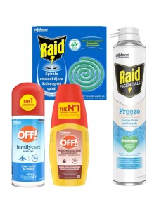 Praktyczny zestaw przeciw owadom Raid spirala i spray mrożący + OFF! na komary i kleszcze 5905718981052