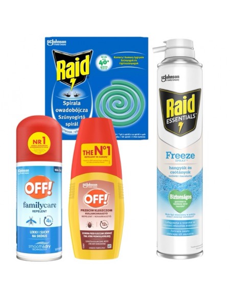 Praktyczny zestaw przeciw owadom Raid spirala i spray mrożący + OFF! na komary i kleszcze 5905718981052