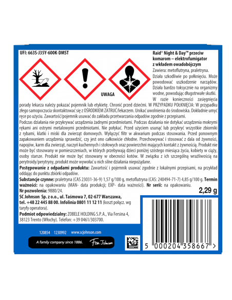 Elektrofumigator owadobójczy z wymiennym wkładem Raid Night & Day 5000204358667 2