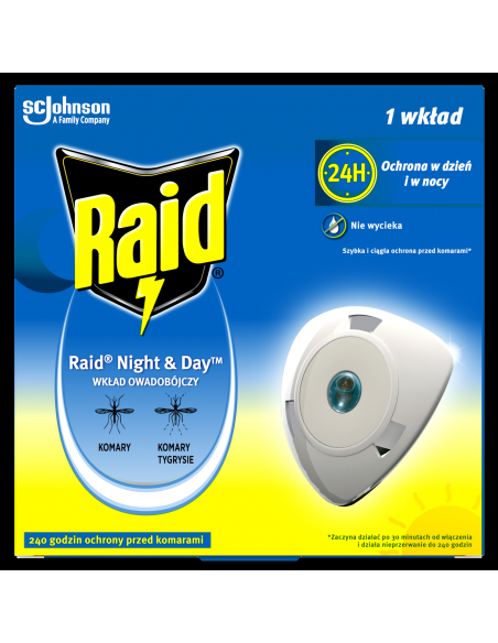 Wymienny wkład do elektrofumigatora owadobójczego Raid Night & Day - Preparaty na komary i kleszcze Wymienny wkład do elektrofumigatora owadobójczego Raid Night & Day 5000204358575