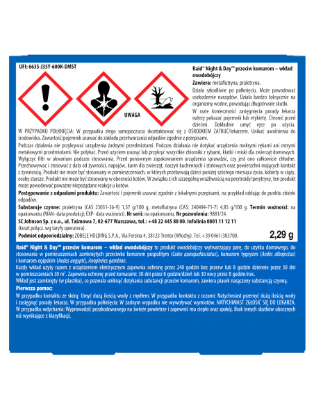 Wymienny wkład do elektrofumigatora owadobójczego Raid Night & Day - Preparaty na komary i kleszcze Wymienny wkład do elektrofumigatora owadobójczego Raid Night & Day 5000204358575 2