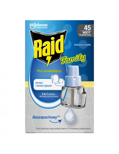 Bezzapachowy płyn owadobójczy przeciw komarom, zapas do elektrofumigatora Raid Family 5000204190052