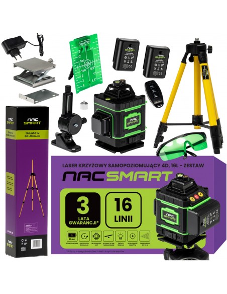 Zestaw NAC SMART: Poziomica laserowa 4D 16 linii z akcesoriami + Statyw, trójnóg 100 cm 5905842528192