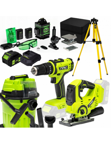Zestaw NAC SMART Poziomica laserowa + Wkrętarka + Wyrzynarka + Odkurzacz + Bateria + Ładowarka - Urządzenia akumulatorowe NAC Zestaw NAC SMART Poziomica laserowa + Wkrętarka + Wyrzynarka + Odkurzacz + Bateria + Ładowarka 5905842532014