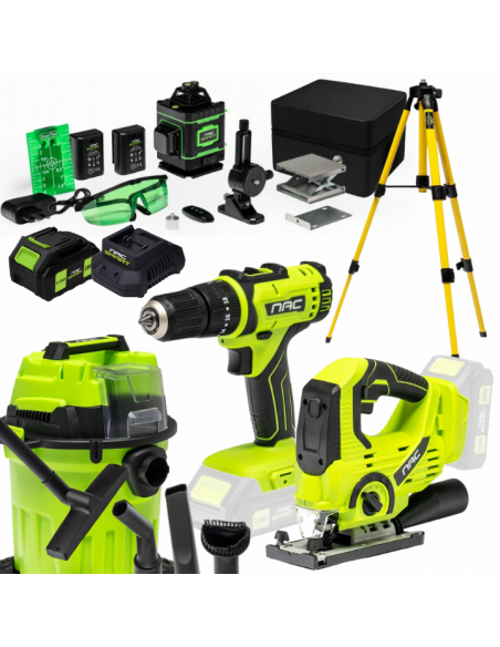 Zestaw NAC SMART Poziomica laserowa + Wkrętarka + Wyrzynarka + Odkurzacz + Bateria + Ładowarka - Urządzenia akumulatorowe NAC Zestaw NAC SMART Poziomica laserowa + Wkrętarka + Wyrzynarka + Odkurzacz + Bateria + Ładowarka 5905842532014