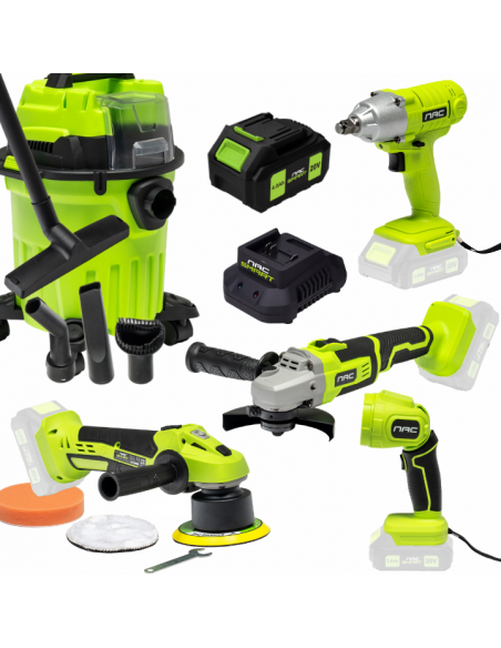 Zestaw NAC SMART: Klucz udarowy + Szlifierka + Polerka + Latarka + Odkurzacz + Aku + Ładowarka - Urządzenia akumulatorowe NAC Zestaw NAC SMART: Klucz udarowy + Szlifierka + Polerka + Latarka + Odkurzacz + Aku + Ładowarka 5905842532120